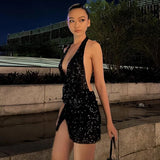 Fongt Sales Of Explosive Night Club Women's Fashion Sleek Sexy Dew Deep V Open Fork Light Dress Woman
