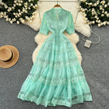 Fongt Retro Court Dress Women's Waist Thin Temperament Bubble Sleeve Lace Splicing Big Swing Dress Dress