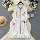 Fongt Small-Sized Famous Woman Hit The Color V-Neck Long Sleeve Single Buckle Waist Knitted Dress Women With Fish Tail