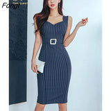 Han Queen Elegant Vintage Stripes Pencil Dress Women's Slim Tank Summer Sheath Bodycon Dresses OL Office Party Vestidos