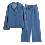 Fongt Wind High-End Retro Lapel Long-Sleeved Cowboy Topess 2025 Autumn Dress High-Waisted Casual Broad-Legged Straight Trousers