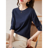 Fongt Design Five Sleeve T Shirt Summer 2023 New Fashion Button Design Five Sleeve T Shirt Women-Outfit