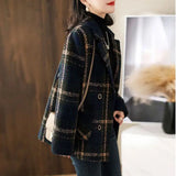 Fongt Autumn And Winter New Fashion Korean Loose Thin Retro Lattice Splicing Hundred Suit Collar Hair Coat Woman