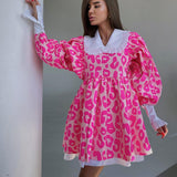 Fongt Spring New Dress Fashion Long Sleeve High Waist Print A-Line Skirt Doll Collar Fluffy Skirt-Outfit