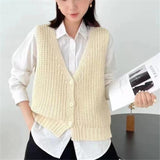 Fongt Spring 2024 New Solid Color Knit Vest Vest Jacket Loose Versatile Sleeveless Cardigan Sweater Vest Female-Outfit