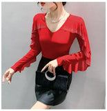 Autumn Ringstones Ruffles Long Sleeve Mesh T-shirt Tee New Female Round Collar Sheath Tops T-shirts for women-Outfit