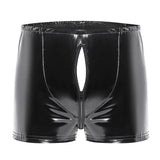 Fongt Men's PVC Bright Boxers Sexy Zipper Open File Ledershorts Size Accurate-Outfit