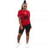 Summer New PINK Letter Print Short Sleeves Tshirt + Biker Shorts Sets Casual Two Piece Women Fashion Outfit