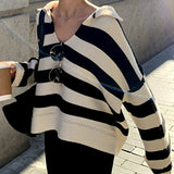 New 2022 Chic Polo Collar Knitted Striped Spring Autumn Women Sweater Korean Fashion Vintage Elegant Lady Tops