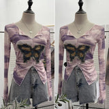 Fongt Shooting Amount Of Bumpy Tulle Spliced Denim Butterfly Design Sunscreen Coat V Collar Short T-Shirt 1965