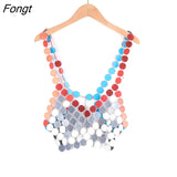 Shiny Sequined Tops for Women 2022 Fashion Hollow Out Metal Female Clothing Shoulder Strap Sexy Backless Mesh Tank