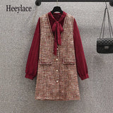 Vintage Fragrance Suits Autumn Red Long Sleeve Bow Collar Blouse And Tweed Vest Dresses Two Pieces Sets