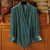 Blouses for Women Korean Vintage Velvet Shirts Lace Up Long Sleeve Loose Elegant Blouse Tops 2022 Blusas De Mujer