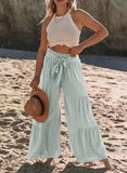 Fongt Women's Fashion Temperament Strap Spliced High-Waisted Folds Broad Leggings Casual Loose Trousers
