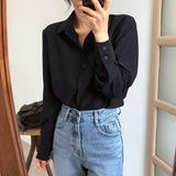 New Arrival Women Solid Black Chiffon Blouse Long Sleeve Casual Shirt Women's Korean BF Style Chic Tops Feminina Blusa