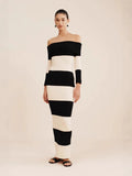 Fongt Women's Fashion Elegant Shoulder-To-Shoulder Knitted Blouse Striped Shoulder-Long Dress