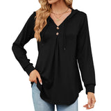 New V-Collar Solid Color Button Drawrope Long Sleeve Loose T Shirt Hoodie-Outfit