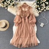 Women's Maxi Dress Elegant Flower Mesh Party Dresses Vestidos Fashion Lantern Sleeve Woman Long Robe Two Piece Sets