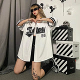 T Shirt Baseball Short Sleeve Shirt Letter Print Crop Top Women White Tshirt Unisex Hip Hop Y2k Clothes Tee Shirts