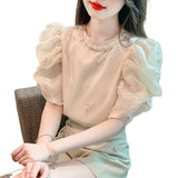 Fongt Small Fragrant Bubble Sleeve Heavy Industrial Nail Bead Chiffon Shirt 2025 Summer New Embroidery Design Sense Of Gas Coat