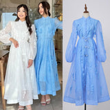 Fongt Spring Dress New Elegant Famous Color Nails Half High-Collar Lantern Sleeve Flowers With Large Skirt Dress
