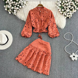 V Neck Hollow Embroidered Lantern Sleeve Short Shirt Solid Mini Skirt 2 Piece Suit Women 2024 Autumn Fashion New TH2512-Outfit
