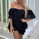 Fongt Spot 2023 Summer New One-Word Shoulder Sleeveless Flounce Sexy Mini Chiffon Dress-Outfit