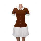 Fongt Wind Bumping Collar Short Sleeves Covert Thin 100 Folded Knitted Dress
