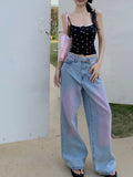 Fongt Red Gradient Color Design Sense Jeans Female Spring And Autumn New Style Loose Recreational Vertical Feeling High Waist Wide Leg Pants-Outfit