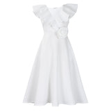 Fongt Women's V-Necked Leaf-Side Three-Dimensional Flower Dress Evening Dress Party Dress