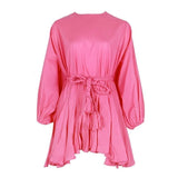 TWOTWINSTYLE 2022 Summer A Line Women's Dress O Neck Long Sleeve High Waist Sashes Slim Rose Color Mini Dresses Female
