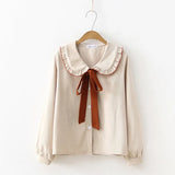 New Solid Ruched Button Up Blouse Ribbon Lace Up Long Sleeve Peter pan Collar Shirt Sweet Girls Loose Plus Size Top