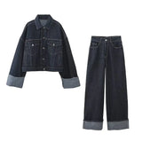 Fongt Women's Autumn New Collar Denim Jacket Jacket + Curly-Side Trousers Suit