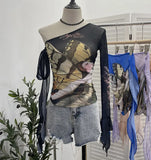 Design-Sensitive One-Shoulder Horn Long-Sleeved Mesh Yarn-Print T-Shirt With Short Tight Top