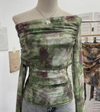 Fongt Tie-Dye-Print Mesh Folded Long-Sleeved T-Shirt With A Word-Collar Slanted Shoulder-To-Back Short Top 1183