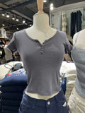 Women Front Buttons T-shirts 2023 Summer Fashion Ladies O Neck Short Sleeves Solid Color Tees Female Chic Tops-Outfit