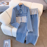 Fongt Splicing Fashion Casual Set Spring And Autumn New Long Sleeve Top + Broad Legs Long Pants Two Sets