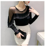 Autumn Ringstones Ruffles Long Sleeve Mesh T-shirt Tee New Female Round Collar Sheath Tops T-shirts for women-Outfit