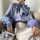 Women's Satin Blouses Stylish Big Bow Shirts 2023 Casual Puff Sleeve Female Solid Baggy Tunic