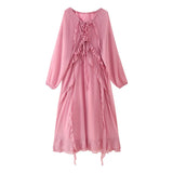 Fongt Summer 2025 With Folded Lotus Edge V-Neck Long-Sleeved Dress
