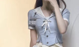 Sailor Collar Bow Slim Fit Blue Jk Tops Women+ Y2k E-Girl High Waist Ruched Cake Skirts Summer New Two Piece Sets-Outfit