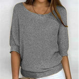 Fongt New Solid Color Round Knit Shirt Women Commuting Elegant Seven-Sleeve Top Air-Conditioning Shirt