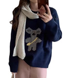 Fongt Shot 2024 Winter New Sweet Age Reduction Leisure Cartoon Embroidery Round Collar Inserted Shoulder Sleeve Sleeve Sweater Women-Outfit