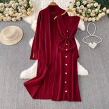 Fongt Temperament Long Knitted Shawl Coat + Light Luxury Metal Buckle Vest Dress Set