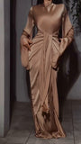 Fongt New Women's Folded Long Sleeves To Close The Waist Irregular Solid Dress