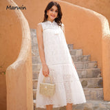 Long Simple Casual Solid Hollow Out Pure Cotton Holiday Style High Waist Fashion Mid-Calf Summer Dresses NEW