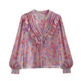 Fongt Women's Long-Sleeved V-Neck Flower-Print Shirt 6349