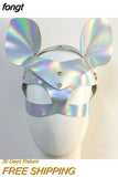 Holographic Mask PU Faux Leather Adjustable Belt Rivet Hollow Out Patchwork Masks With Two Ears Rave Festival Chic