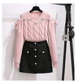 Women Autumn Winter Two Pieces Set Sweet Floral Embroidery Off The Shoulder Long Sleeve Knitted Sweater And Tweed Skirts