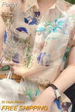 Printed Elegant Turn-down Collar Shirt Female Korean Casual Pockets Spliced Short Sleeve Blouse Summer Women's